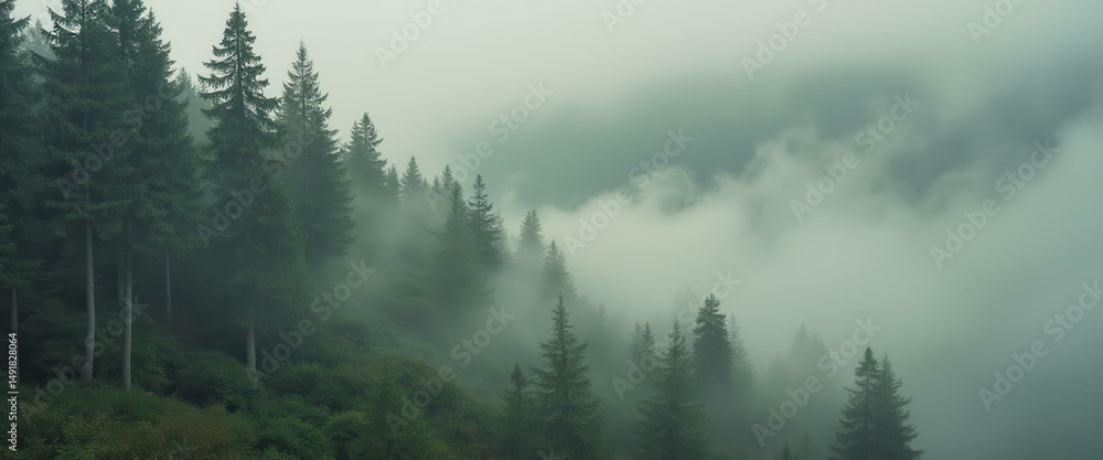 Misty mountain forest landscape with evergreen trees shrouded in dense fog Misty mountain forest landscape with evergreen trees shrouded in dense fog