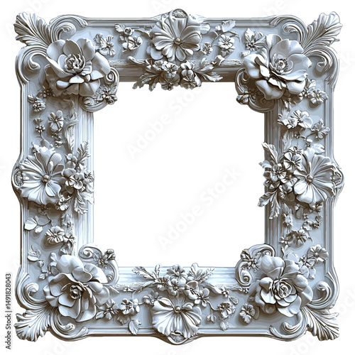 Elegant White Floral Frame Baroque Style 3D Render High Resolution Detailed Ornament Design Decorative Picture Frame Vintage Style Classic Luxury Ornate Floral Border Architectural Element Intricate  