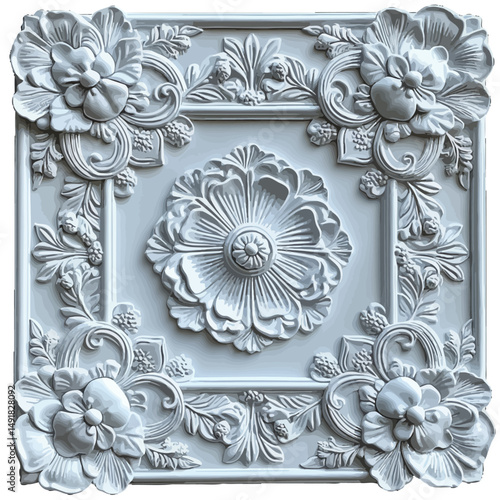 Elegant White Floral 3D Panel Design Intricate Carving Decorative Ornament Square Frame Architectural Molding Vintage Style Relief Texture Home Decor Luxury Pattern White Background High Resolution   