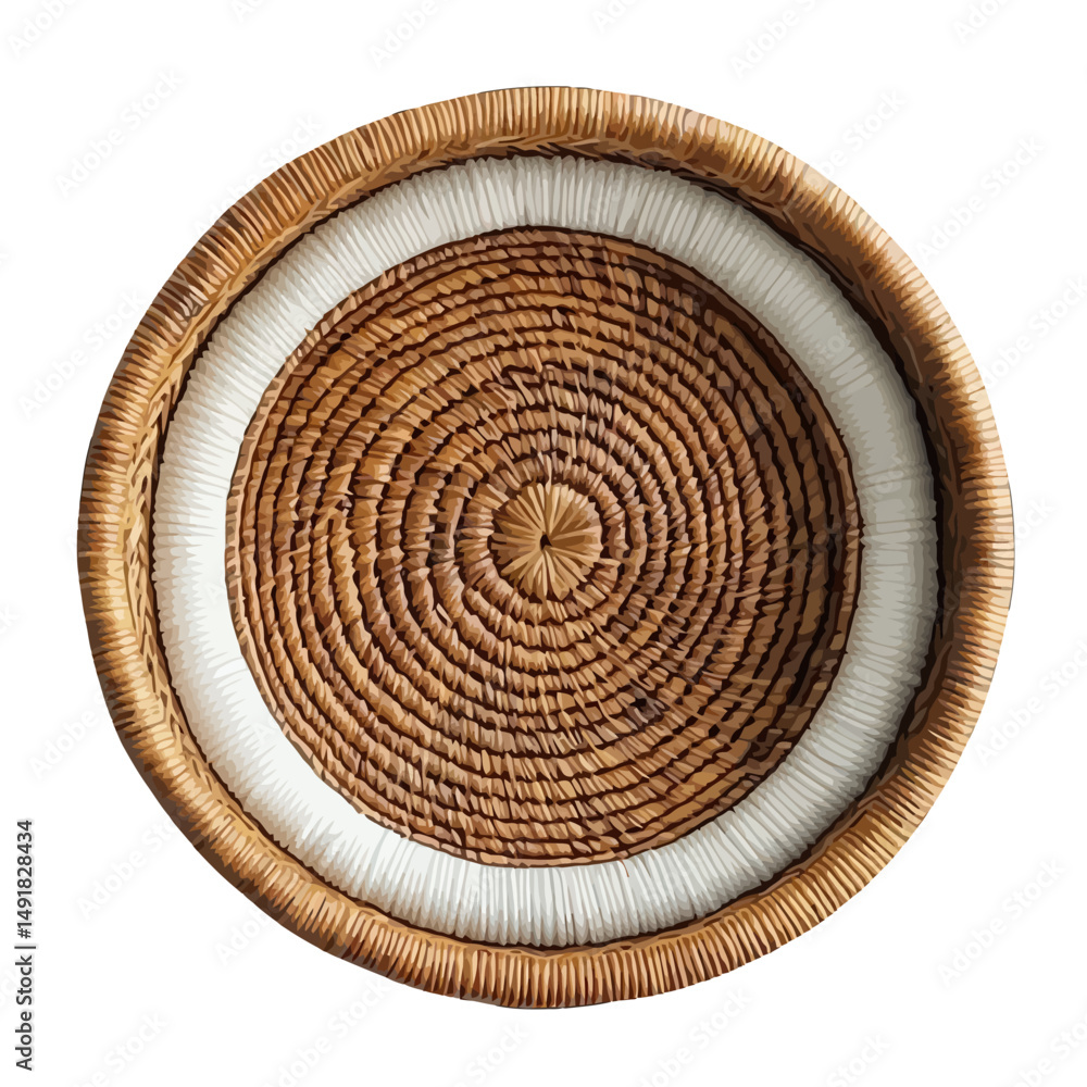 Fototapeta premium Elegant Round Woven Rattan Basket with White Trim Decorative Home Decor Natural Fiber Circular Tray Boho Chic Style Handmade Craft Authentic Artisan Design Stylish Home Accessory Unique Tabletop Decor