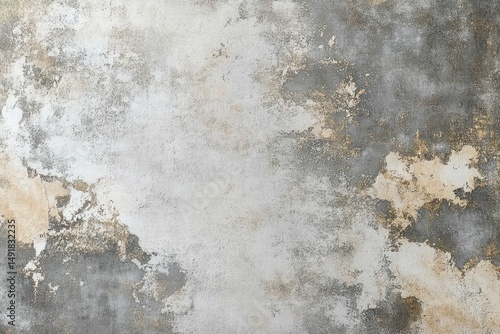 Close-up of worn and textured wall surface with faded paint and patches of peeling plaster revealing underlying layers