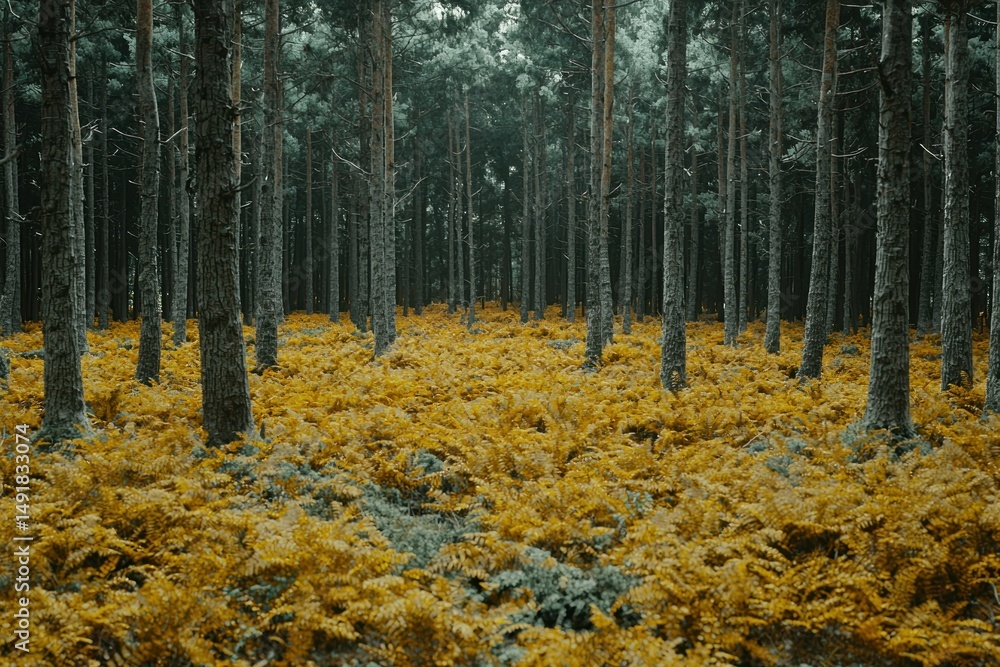 Fototapeta premium Dense forest floor blanketed in golden ferns. Tall pines loom overhead in muted tones