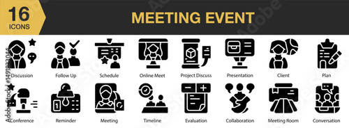 Meeting Event solid icon set. Includes group, workshop, presentation, people, training, speech, and More. Solid icons vector collection.