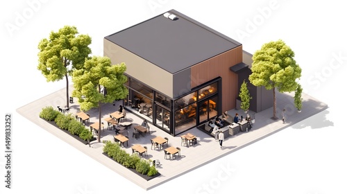 Perspective view of a modern cafe with outdoor seating.
