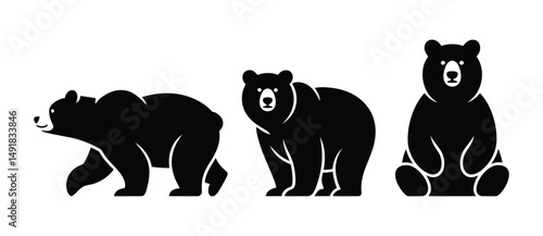 Black bear vector illustrations showcasing different poses and movements isolated on white background.