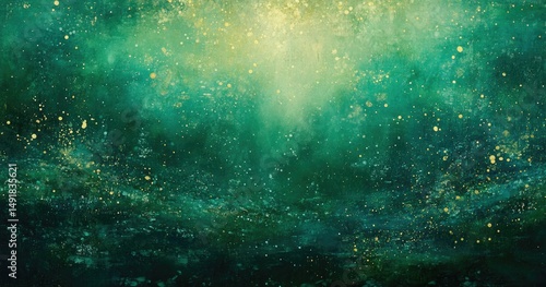 Abstract, vibrant, deep green and gold background with glistening particles