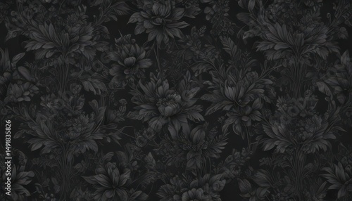 Abstract charcoal botanical wallpaper; intricate floral, dark tones, seamless pattern,  floral,  vintage