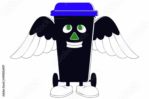Green Garbage Bin Character with Wings Smiling Warmly as a Symbol of Environmental Stewardship and Community Cleanliness Efforts