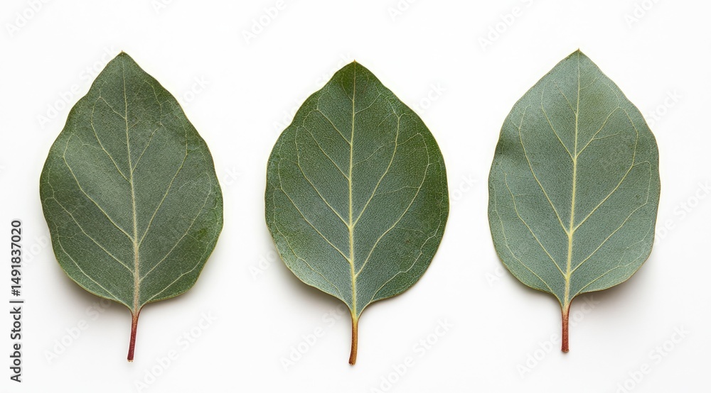 Fototapeta premium Three eucalyptus leaves, vibrant green, on white background