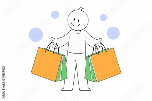 Happy shopping cartoon character illustration featuring a cheerful guy standing confidently to attract customers and add a lively feel to promotional materials