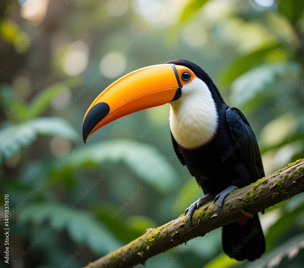 Obraz premium A vibrant, eye-level photograph of a single Ramphastos toco, or toco toucan, perched on a lush green branch. Capture the toucan's striking black and white plumage, large orange bill, and the intricate