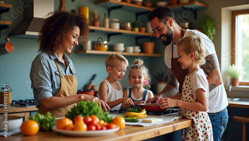Family Cooking Together in Kitchen: A cheerful family unit enjoys a moment of culinary togetherness, creating fresh dishes, sharing love, and capturing the essence of home.