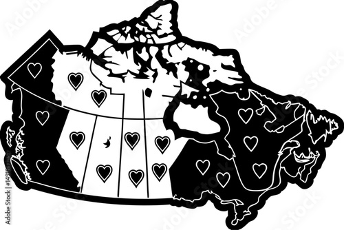 Love Canada map of Canada made out of red hearts showing a heartfelt tribute to Canadian culture, diversity, and community love for the country