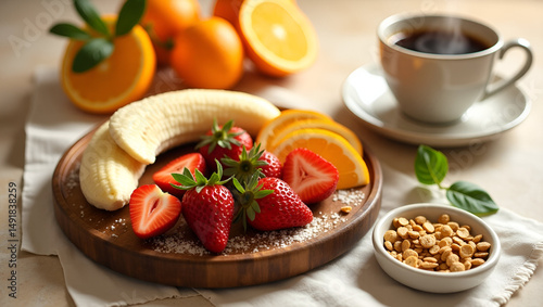 Fresh breakfast spread : A tempting visual of a healthy breakfast. A refreshing start, with an array of vibrant fruits and steaming coffee, all set for the day's beginnings.