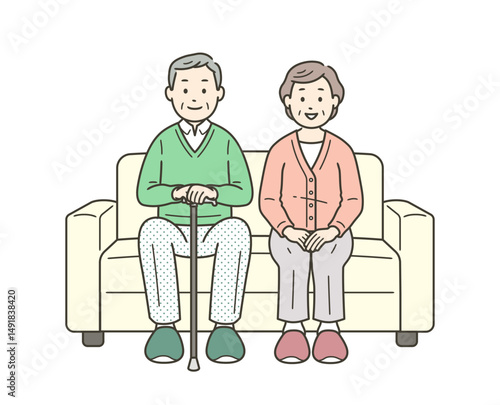 老夫婦が並んでソファに座っている全身イラスト