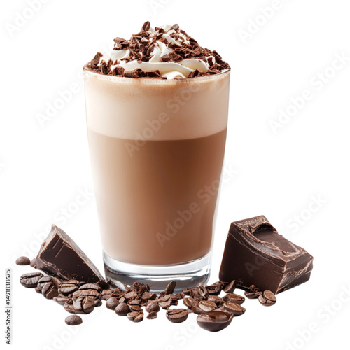 Iced chocolate drink with whipped cream chocolate shavings and coffee beans