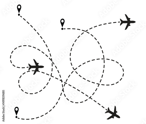 Airplane Route Icon with Dotted Line Path – Travel Flight Map Vector