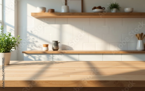 Blank butcher block countertop with blurred clean modern kitchen, Subtle tiles and wooden shelves in background, Ideal for natural product presentation