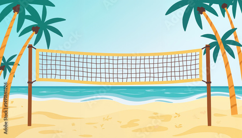 Beach volleyball net between palm trees on sandy shore  