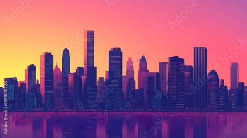 Vibrant sunset city skyline