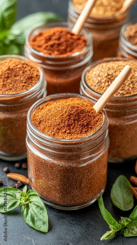 An array of vibrant spices is displayed in transparent jars, showcasing rich colors and textures. Fresh basil leaves add a touch of green to the composition An array of vibrant spices is displayed in transparent jars, showcasing rich colors and textures. Fresh basil leaves add a touch of green to the composition