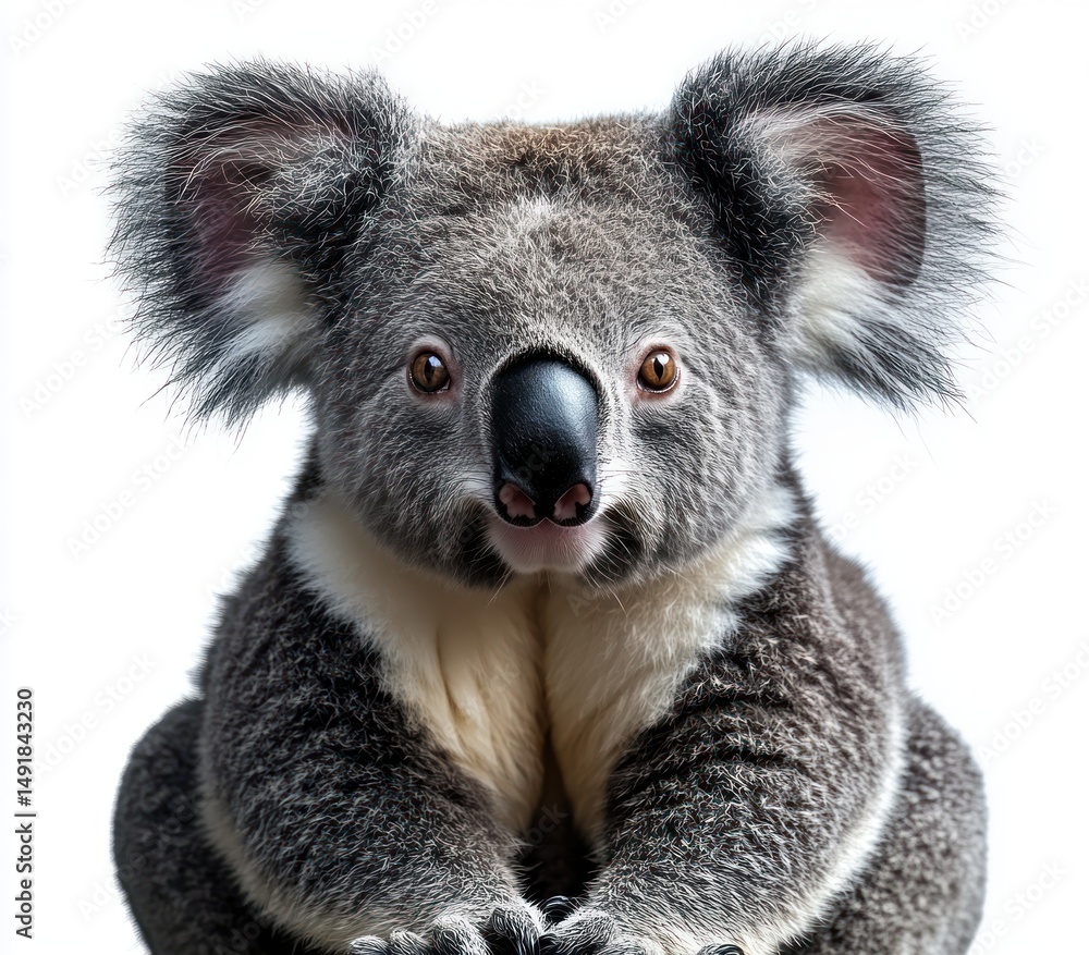 Obraz premium Close-up portrait of a fluffy grey koala bear with large ears and a black nose looking directly at the camera against a white background
