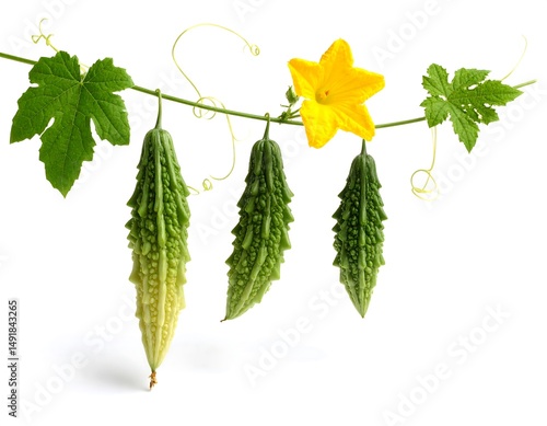Three green bitter gourds with yellow flowers hanging on a vine against a white background