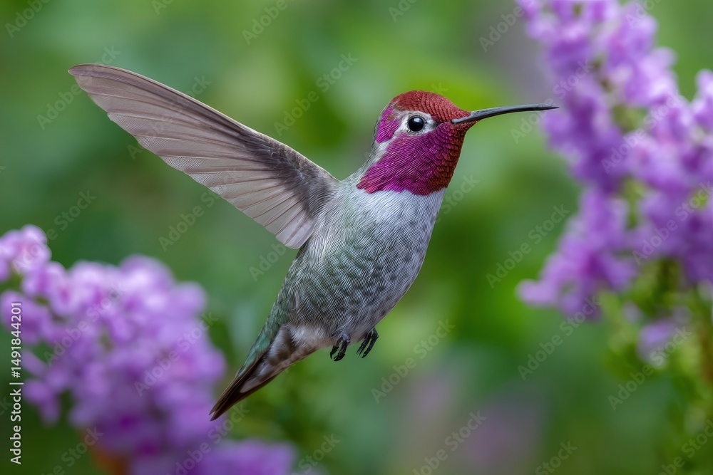 Fototapeta premium Hummingbird Flying Near Purple Flowers in Natural Setting