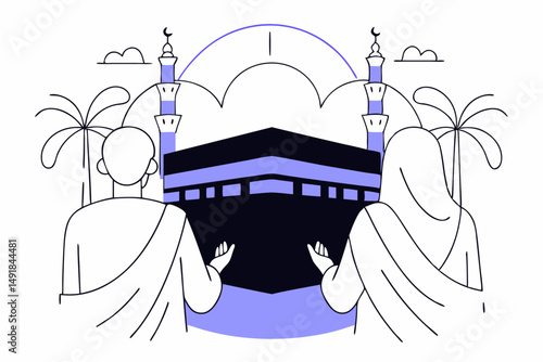 Devout couple in traditional Hajj attire standing peacefully reflecting the religious significance and solemnity of the pilgrimage to the holy sites in Mecca