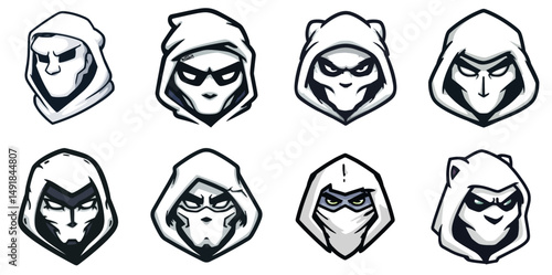 Hooded Character Mascot Head Logo Set with Shadowed Faces and Minimal Detail in Bold Vector Style best for stealth game avatars and mystery icons