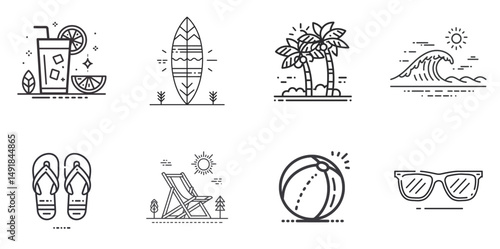Summer Beach Line Icons with Surfboard, Sunglasses, and Flip Flops in Minimal Vector Style perfect for tropical vacation and travel content