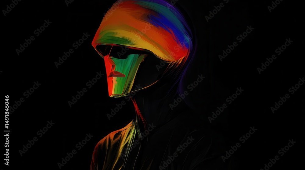 Close-up portrait of a figure with vibrant glowing paint. Close-up portrait of a figure with vibrant glowing paint.