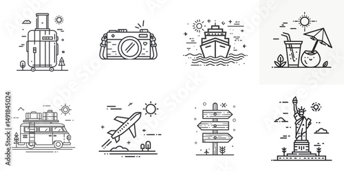 Travel Line Icons with Suitcase, Camera, Plane, and Cruise Ship in Minimal Vector Style perfect for tourism content and vacation promotions