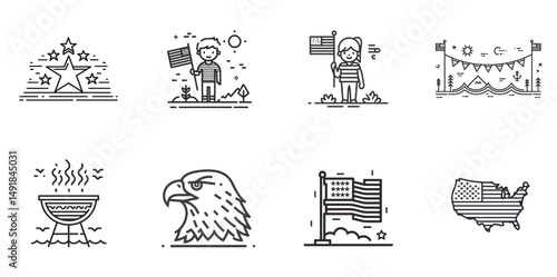 4th of July Celebration Line Icons with BBQ, Flag, and Fireworks in Minimal Vector Style perfect for holiday content and US-themed designs