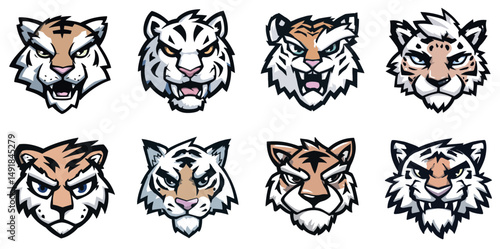 Tiger Mascot Head Logo Set with Striped Fur and Snarling Faces in Bold Vector Style ideal for jungle-themed esport teams and competitive branding