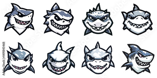 Shark Mascot Head Logo Set with Sharp Teeth and Smirking Faces in Bold Vector Style best for marine gaming teams and edgy sport branding