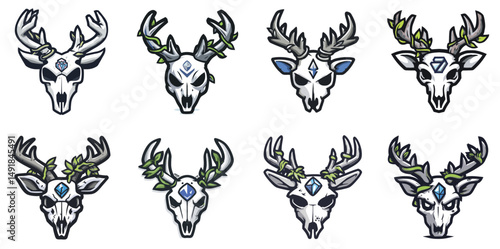 Deer Skull Mascot Head Logo Set with Large Antlers and Dark Tribal Aesthetic in Bold Vector Style ideal for metal bands, biker logos, and gothic brands