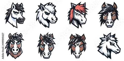 Wild Horse Mascot Head Logo Set with Spiky Mane and Fierce Gaze in Bold Vector Style perfect for western game teams and wild spirit logos
