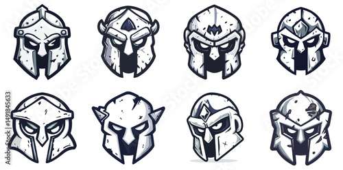 Gladiator Helmet Mascot Head Logo Set with Bold Lines and Medieval Designs in Strong Vector Style perfect for warrior teams and esports branding