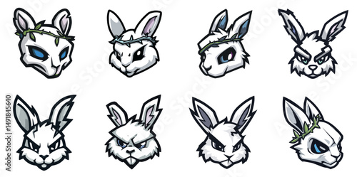 Rabbit Mascot Head Logo Set with Sharp Ears and Mischievous Eyes in Bold Vector Style ideal for playful esport identities and gaming avatars
