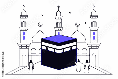 Admire the grandeur of Islamic architecture with a stunning black Kaaba illustration showcasing intricate temple details in a spiritual and peaceful setting