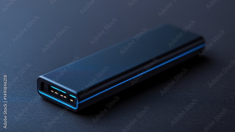 A slim black portable power bank with a blue accent, featuring a USB port, placed on a dark surface. A slim black portable power bank with a blue accent, featuring a USB port, placed on a dark surface.