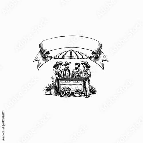 Vintage Market Scene with Street Vendor Cart and Umbrella, Nostalgic Outdoor Selling Illustration, Retro-Style Minimalist Vector Art
