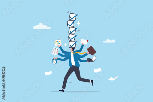 Productivity or efficiency, manage busy work to finish task or checklist, solving overworked and develop time management strategy, busy businessman holding work stuff with finishing checklist tasks.