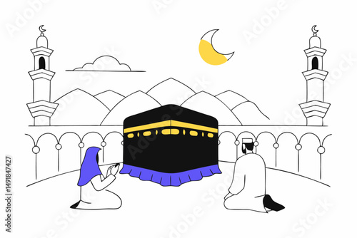 Faithfully rendered digital illustration capturing a serene moment of a couple praying at the Kaaba mosque featuring intricate line work and authentic atmosphere