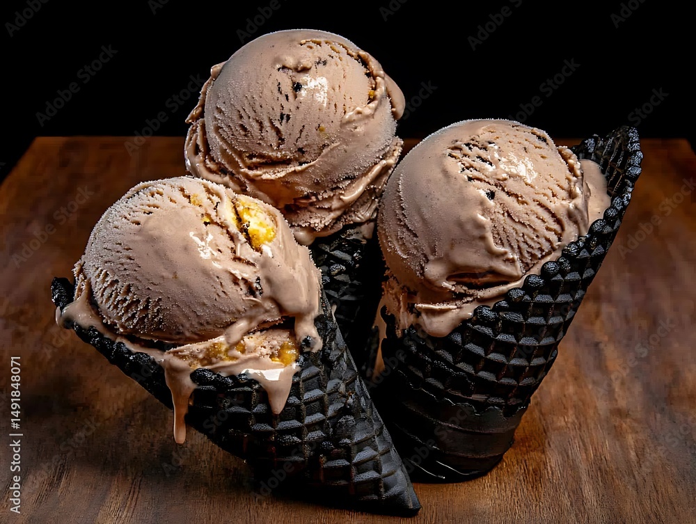 Fototapeta premium A Black Waffle Cone with a Charcoal Ice Cream, an Edgy, Modern Theme