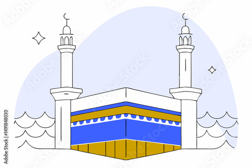 A refined digital illustration of the Kaaba featuring iconic minaret structures crafted with high attention to spiritual and cultural significance