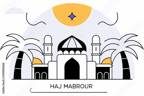 Beautiful digital artwork centered on Haj Mabrour integrating traditional Islamic motifs and architectural elements to celebrate the holy journey