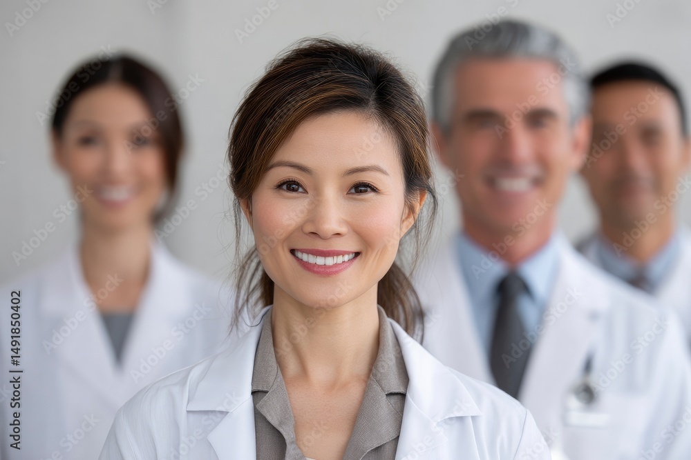 Smiling Woman Doctor with Medical Team in Background Smiling Woman Doctor with Medical Team in Background