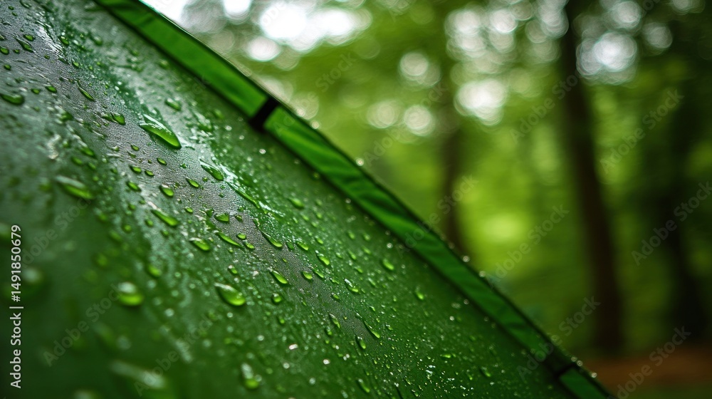 Raindrops on green tent canvas in forest. Raindrops on green tent canvas in forest.
